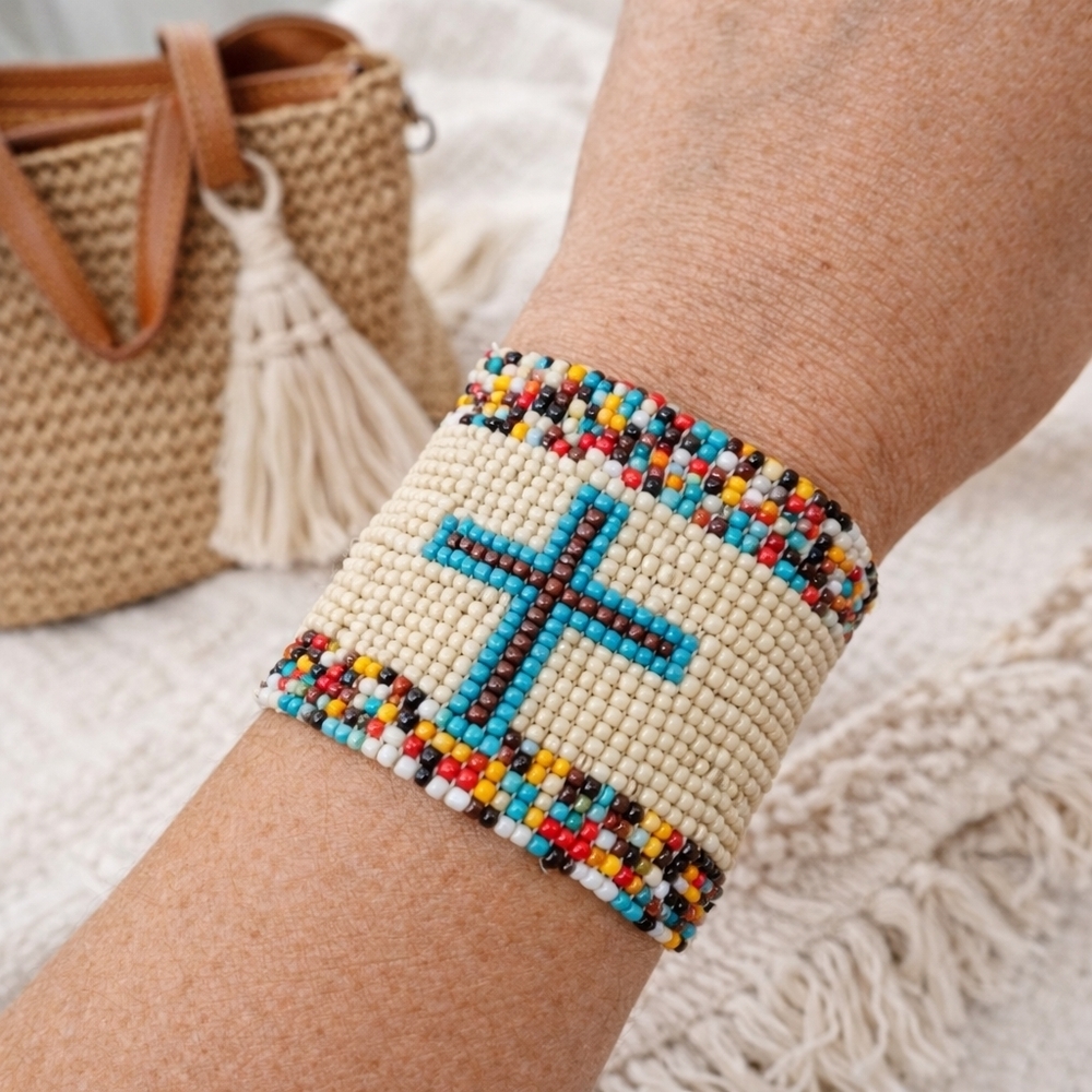 Beaded Cross Bracelet | Southwest Boho Seed Bead Bracelet Faith Jewelry gift nwt - Picture 2 of 2